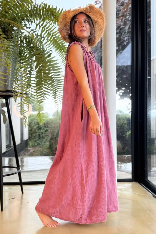 Made in Italy Paulo Pillow Cotton Tie Shoulder Maxi Dress Indian Pink